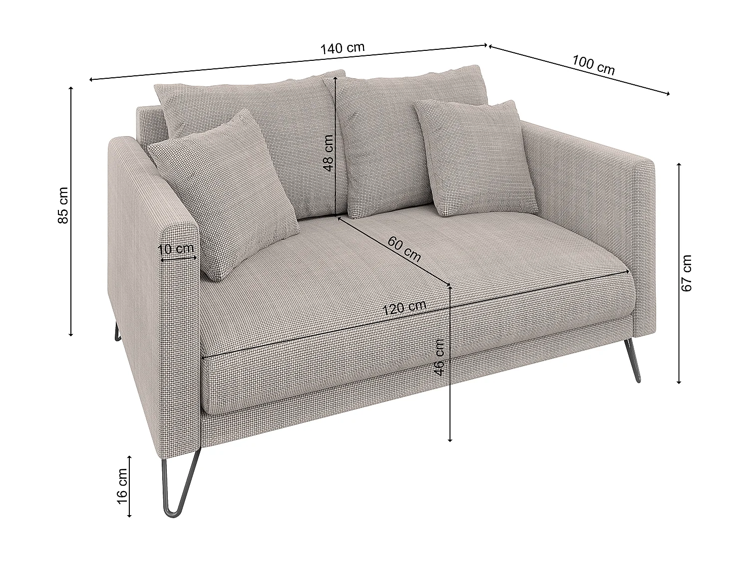 Harmony - Modernes Sofa 2-Sitzer aus Taupe Chenille-Stoff mit Hohen Schwarzen Metallfüßen