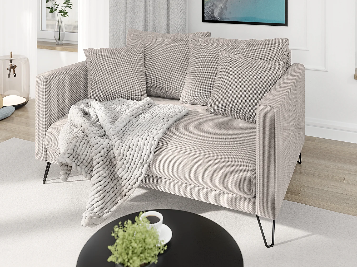 Harmony - Modernes Sofa 2-Sitzer aus Taupe Chenille-Stoff mit Hohen Schwarzen Metallfüßen