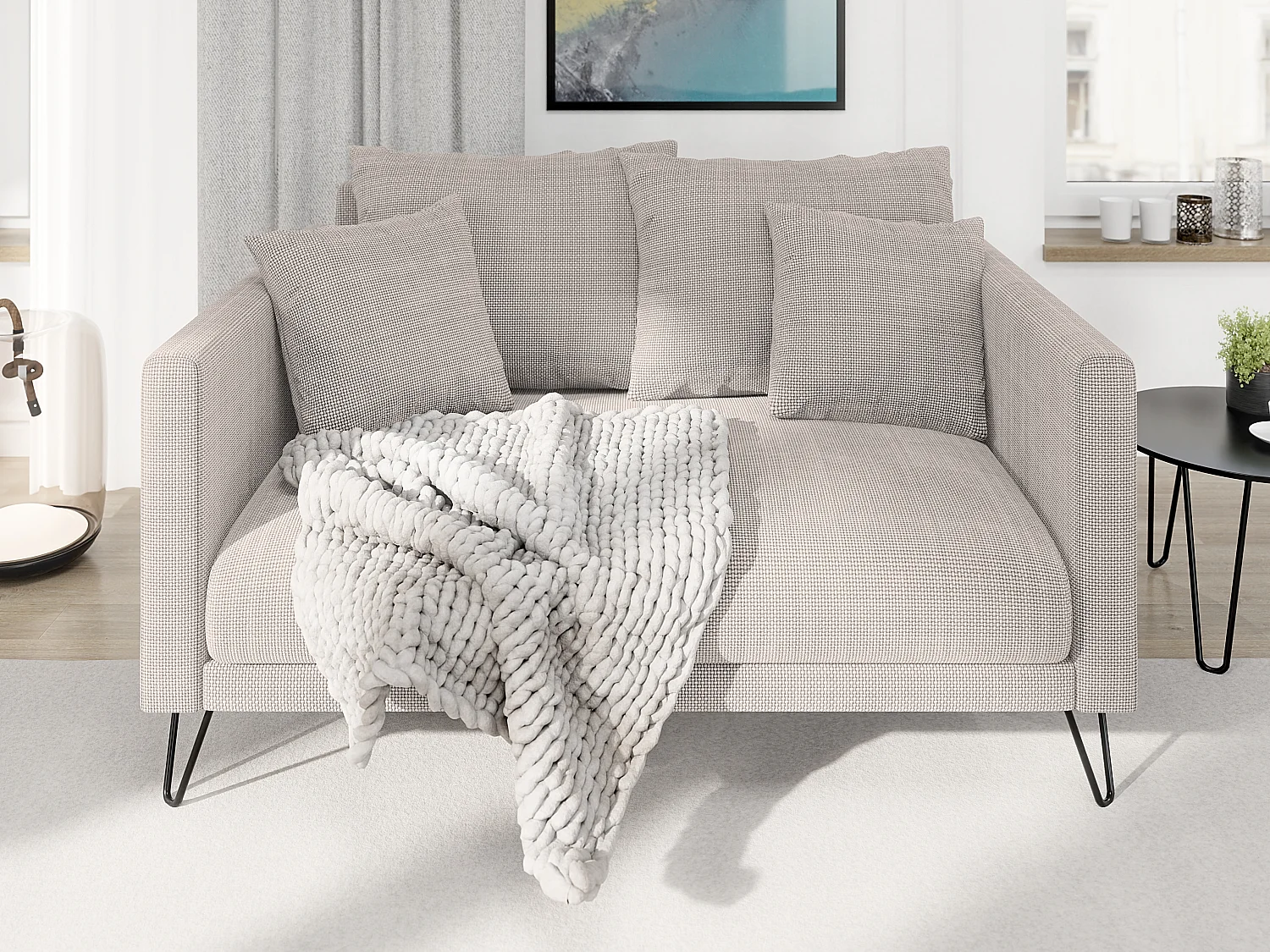 Harmony - Modernes Sofa 2-Sitzer aus Taupe Chenille-Stoff mit Hohen Schwarzen Metallfüßen