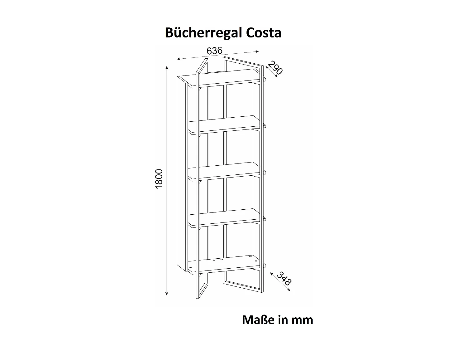 Bücherregal Costa mit Metallfüße und Rahmen Eiche