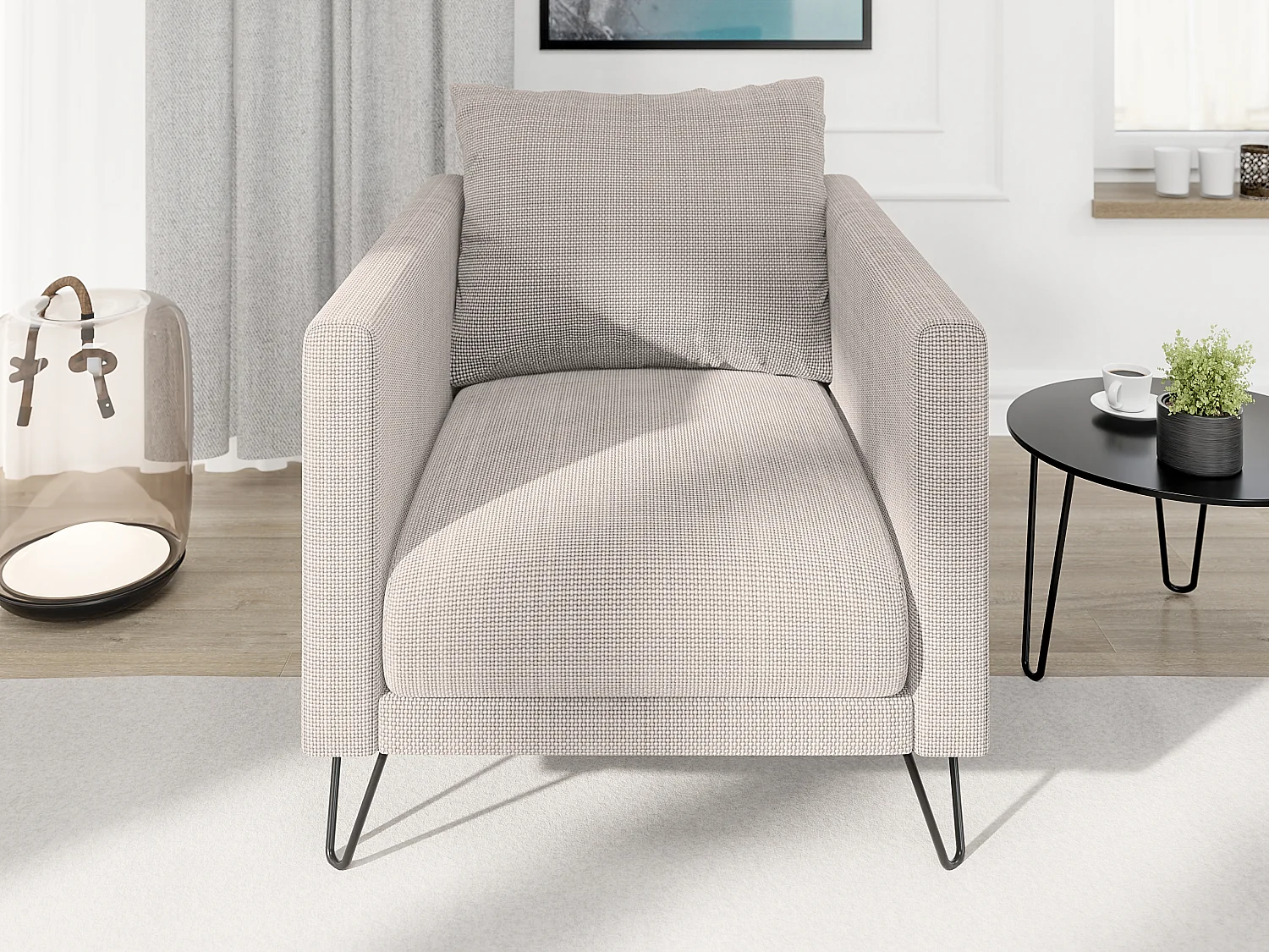 Harmony - Moderner Sessel aus Taupe Chenille-Stoff mit Hohen Schwarzen Metallfüßen