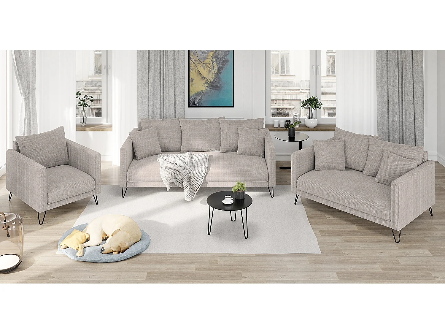 Harmony - Moderner Sessel aus Taupe Chenille-Stoff mit Hohen Schwarzen Metallfüßen