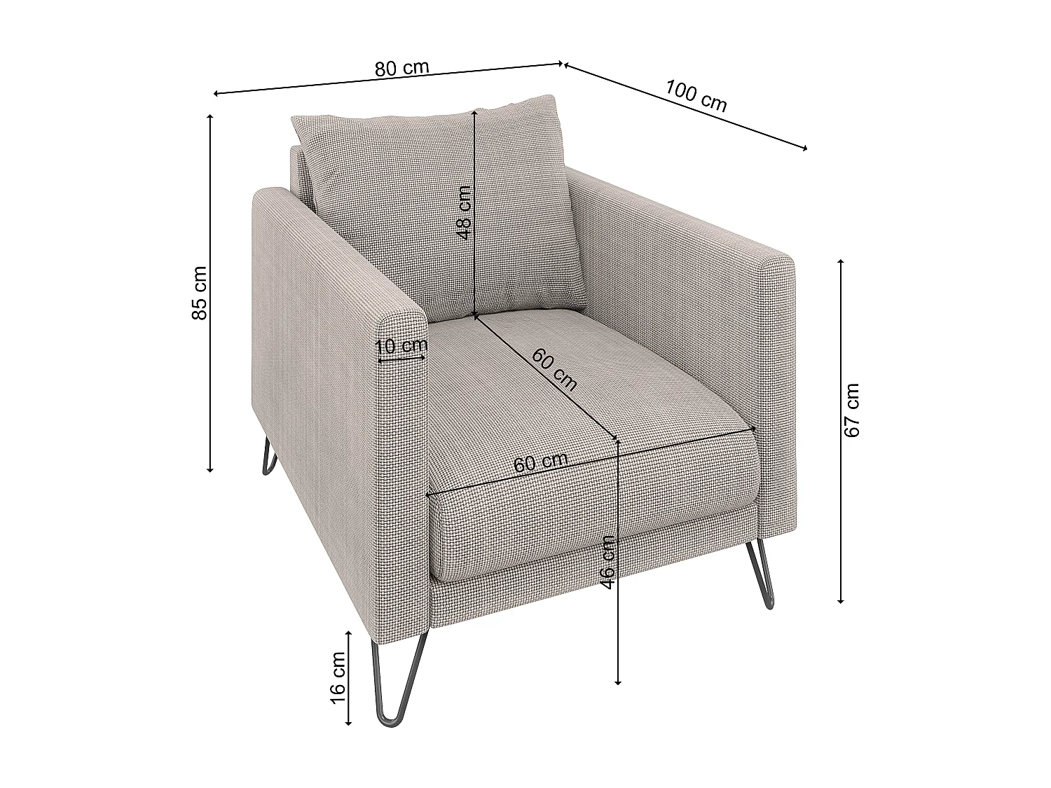 Harmony - Moderner Sessel aus Taupe Chenille-Stoff mit Hohen Schwarzen Metallfüßen