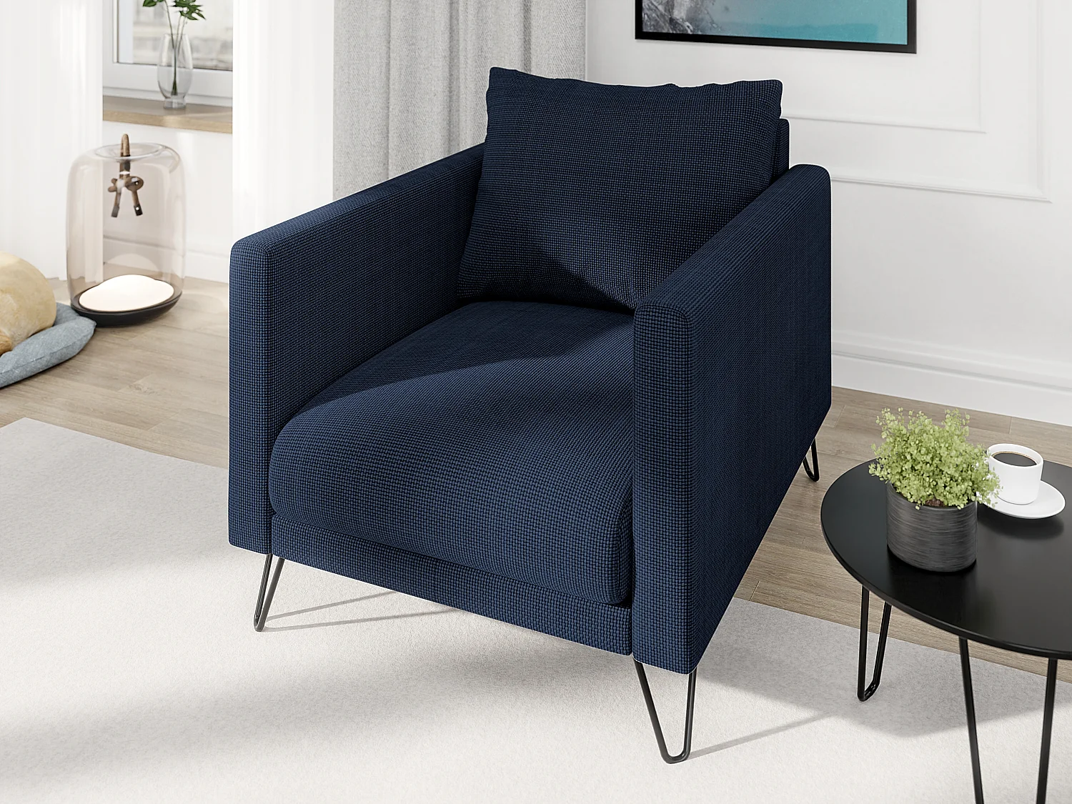 Harmony - Moderner Sessel aus Marineblau Chenille-Stoff mit Hohen Schwarzen Metallfüßen