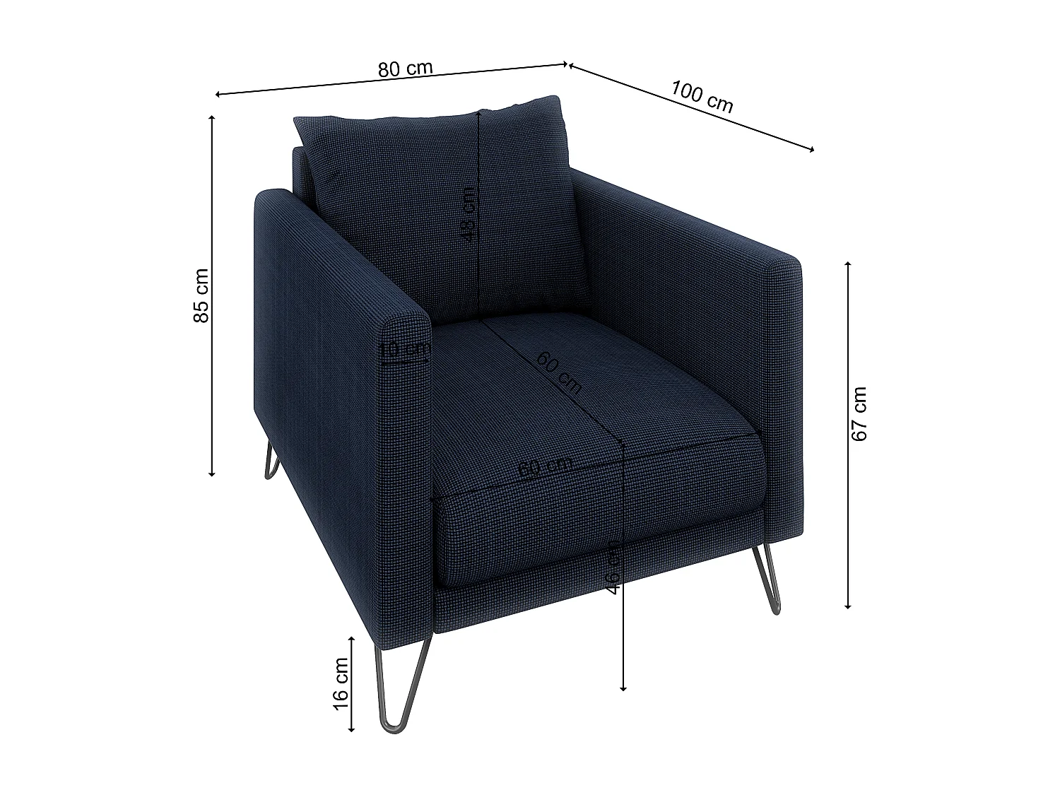 Harmony - Moderner Sessel aus Marineblau Chenille-Stoff mit Hohen Schwarzen Metallfüßen