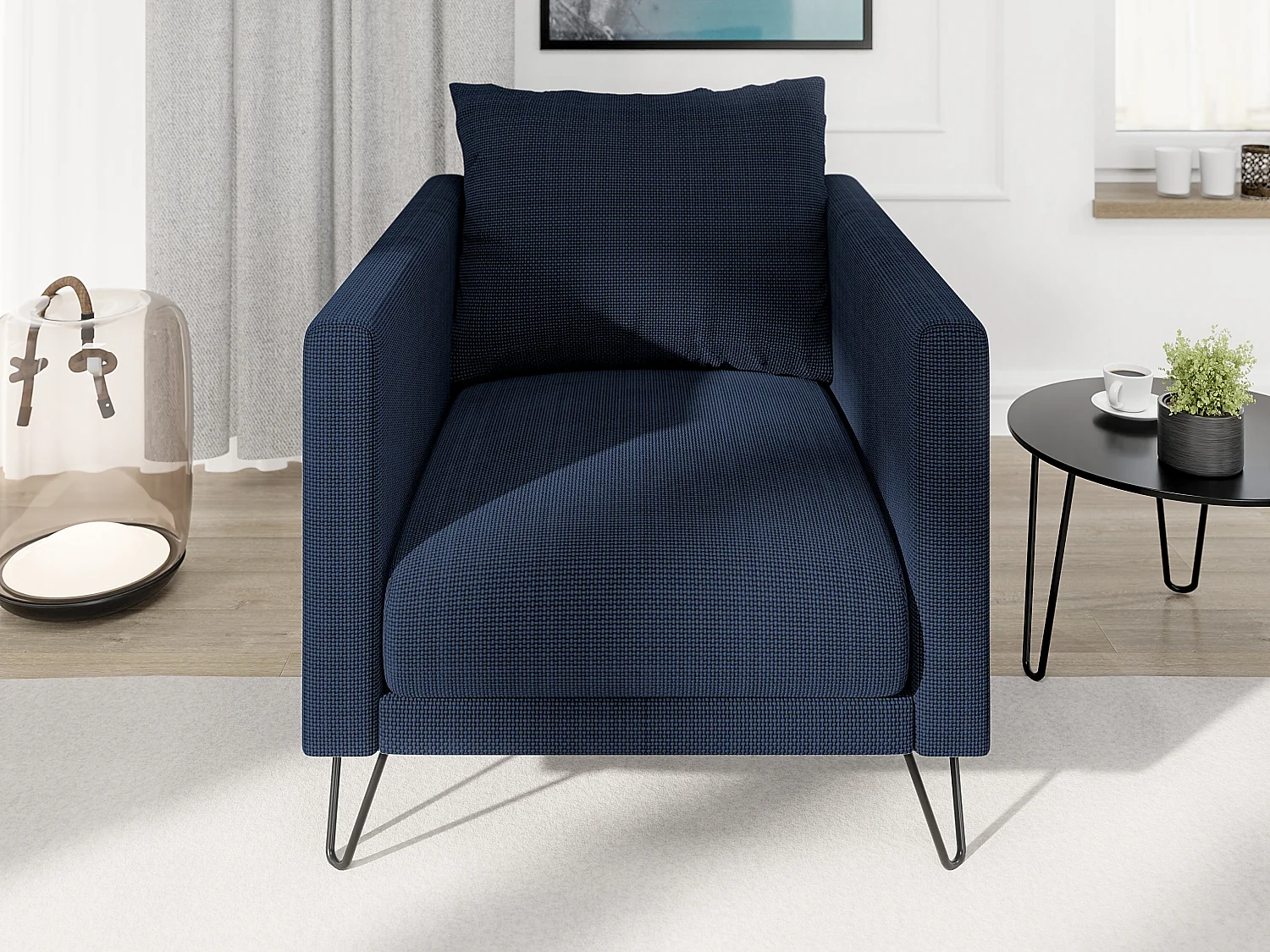 Harmony - Moderner Sessel aus Marineblau Chenille-Stoff mit Hohen Schwarzen Metallfüßen