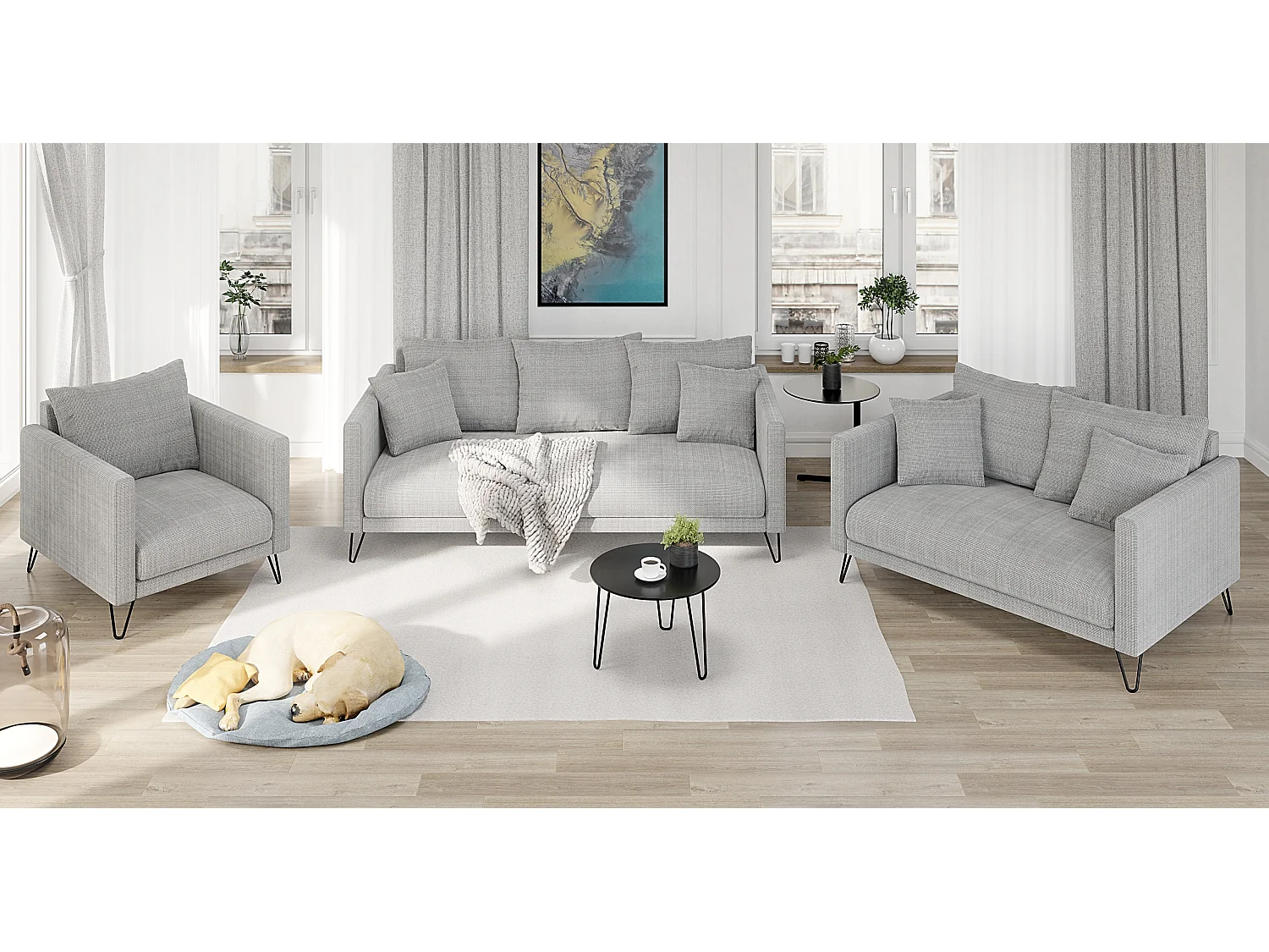 Harmony - Moderner Sessel aus Hellgrau Chenille-Stoff mit Hohen Schwarzen Metallfüßen