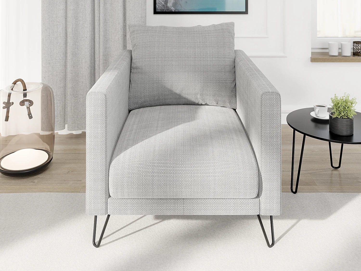 Harmony - Moderner Sessel aus Hellgrau Chenille-Stoff mit Hohen Schwarzen Metallfüßen