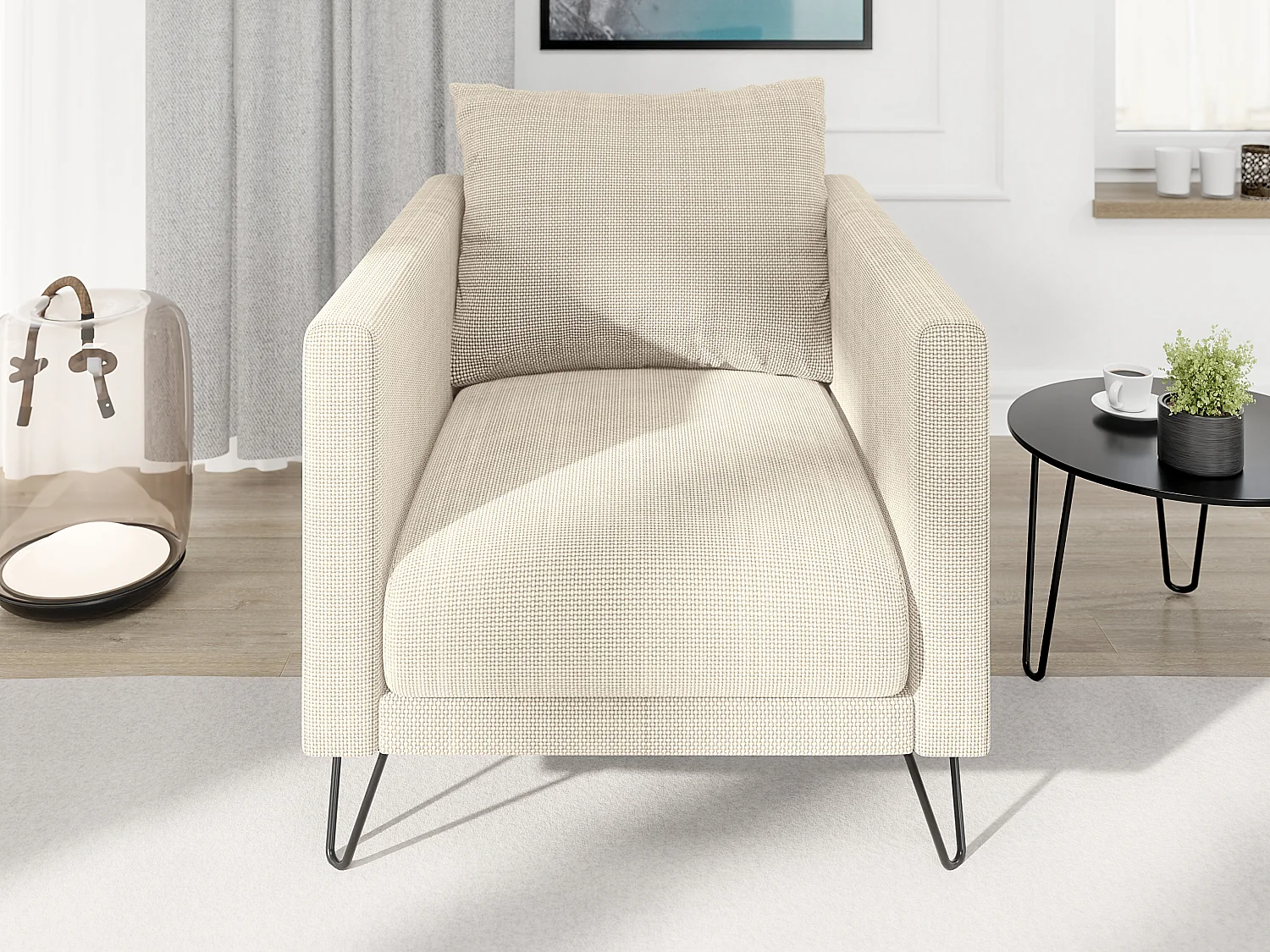 Harmony - Moderner Sessel aus Beige Chenille-Stoff mit Hohen Schwarzen Metallfüßen