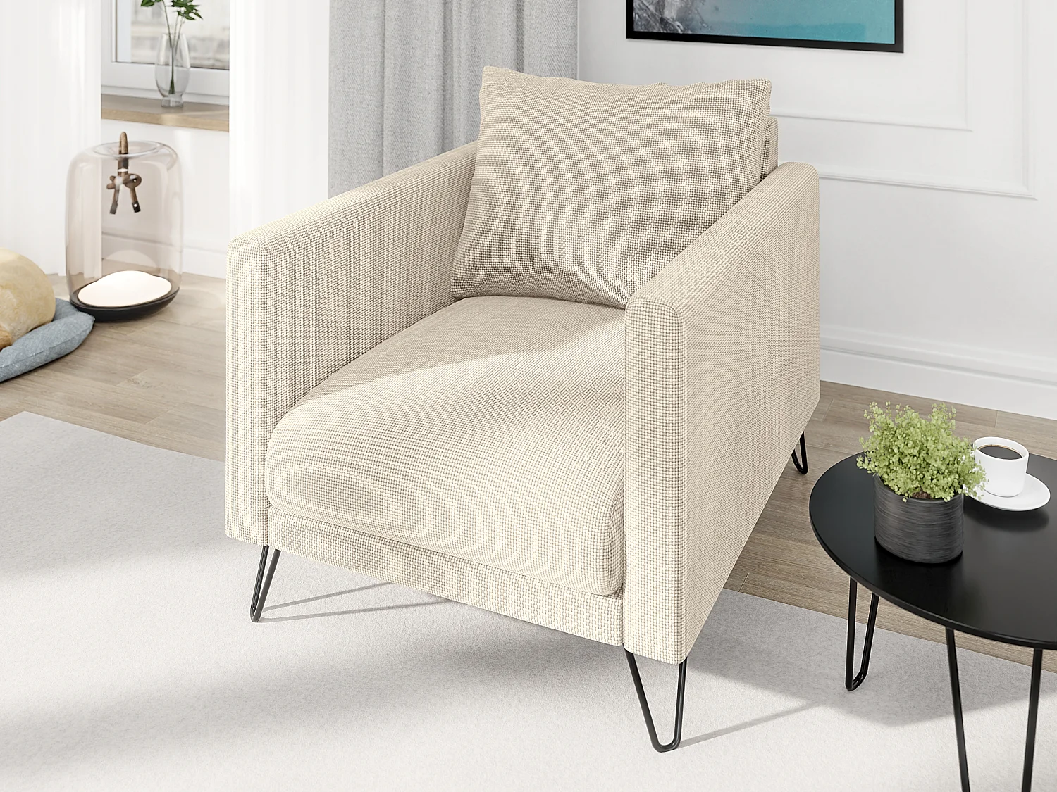 Harmony - Moderner Sessel aus Beige Chenille-Stoff mit Hohen Schwarzen Metallfüßen