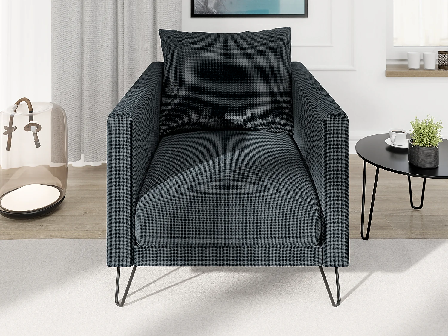 Harmony - Moderner Sessel aus Graphit Chenille-Stoff mit Hohen Schwarzen Metallfüßen