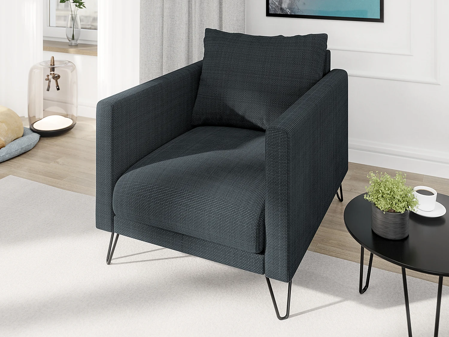 Harmony - Moderner Sessel aus Graphit Chenille-Stoff mit Hohen Schwarzen Metallfüßen