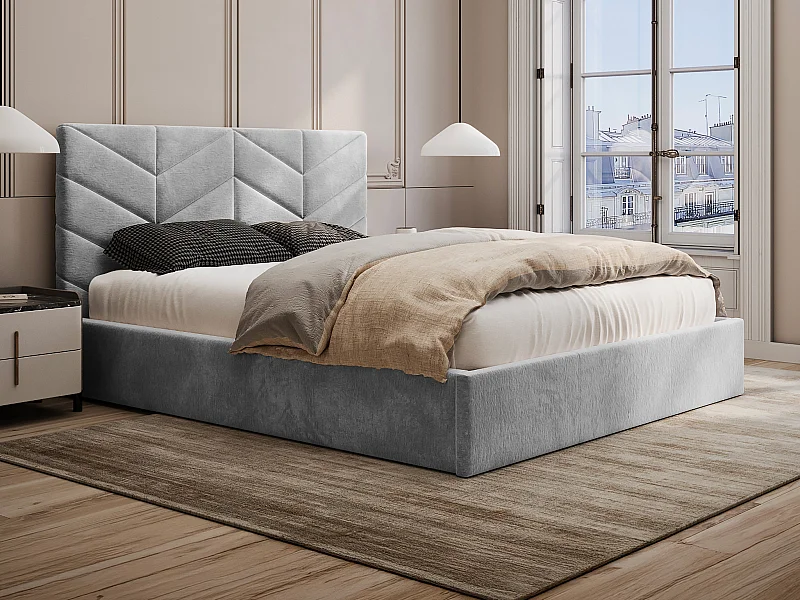 Bett mit Bettkasten - 160 x 200 cm - Strukturstoff - Grau - JUSTANI