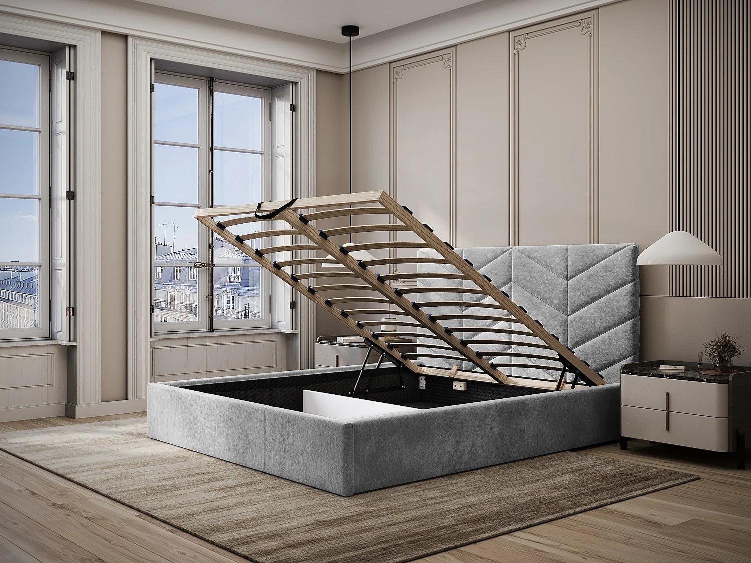 Lit coffre 160 x 200 cm - Tissu texturé - Gris - JUSTANI