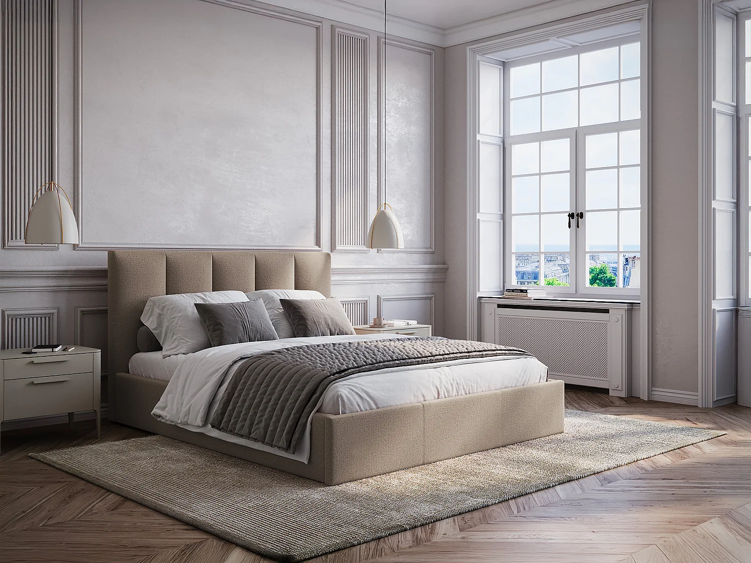 Lit coffre 160 x 200 cm avec tête de lit coutures verticales - Tissu - Taupe - KILACLO
