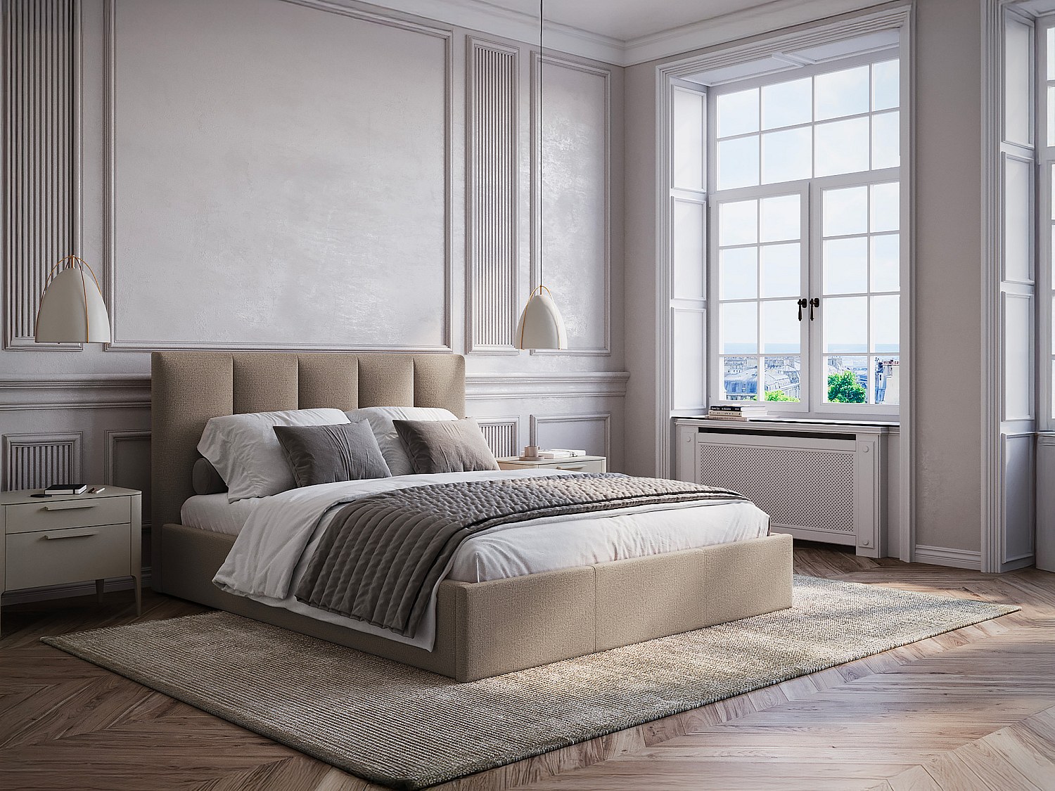 Vente-unique Bett Mit Bettkasten & Kopfteil Mit Vertikalen Ziernähten - 160 X 200 Cm - Stoff - Taupe - Kilaclo