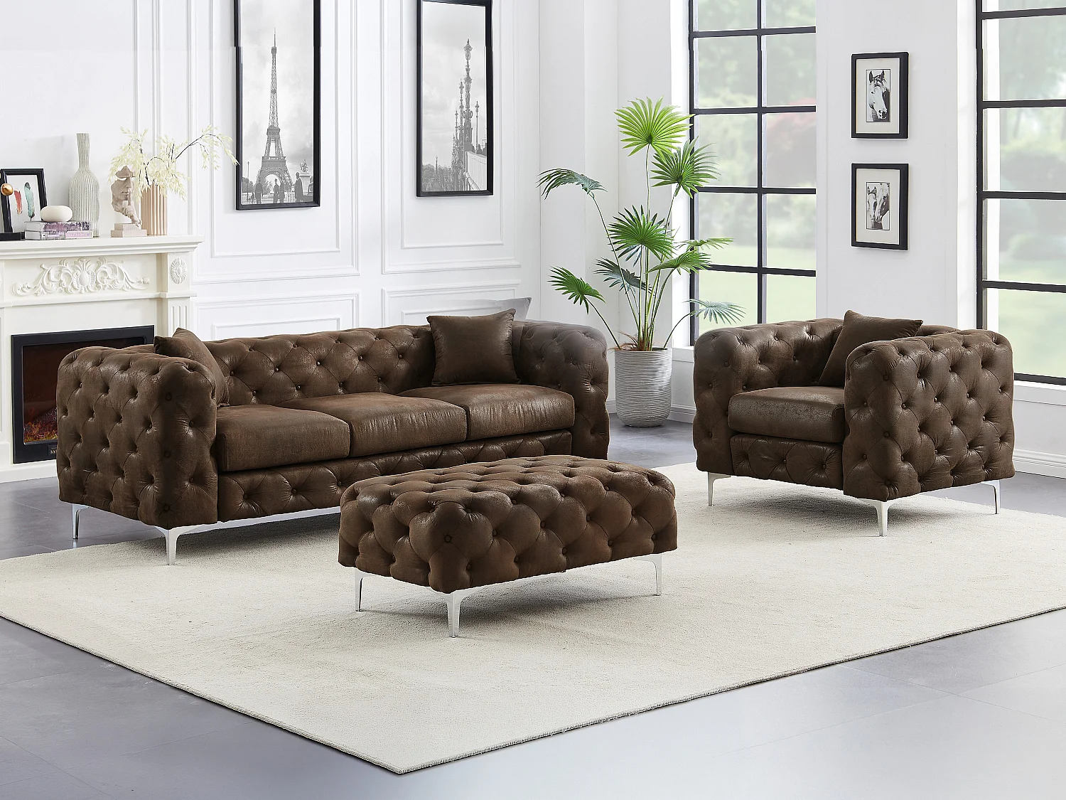 Canapé 3 places, fauteuil et pouf chesterfield en microfibre aspect cuir vieilli EDWINA