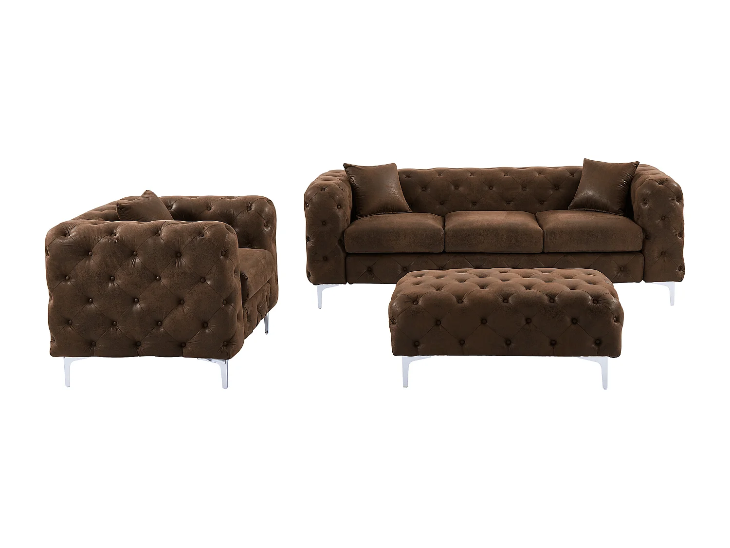 Canapé 3 places, fauteuil et pouf chesterfield en microfibre aspect cuir vieilli EDWINA