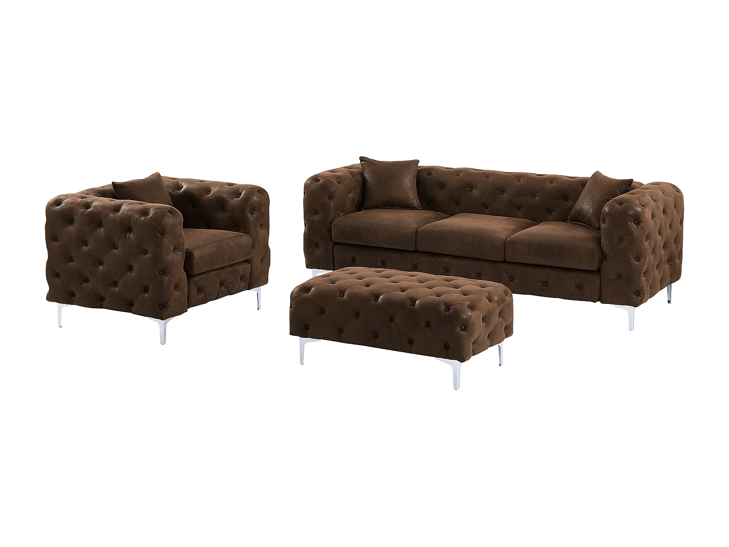 Canapé 3 places, fauteuil et pouf chesterfield en microfibre aspect cuir vieilli EDWINA