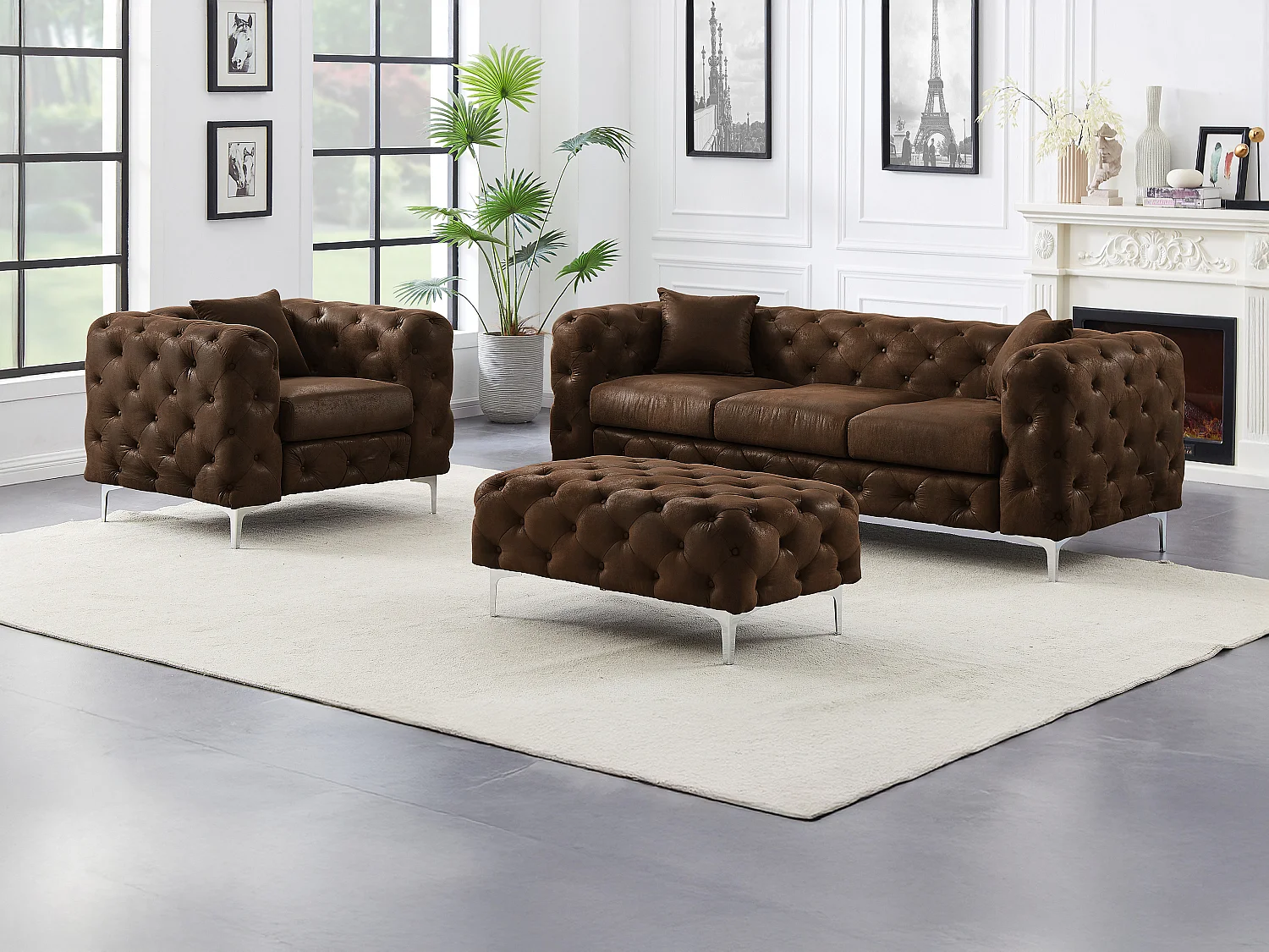 Canapé 3 places, fauteuil et pouf chesterfield en microfibre aspect cuir vieilli EDWINA
