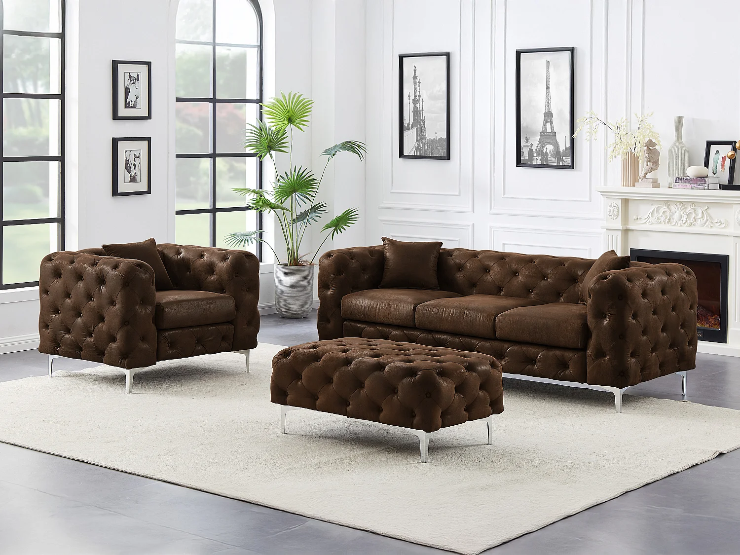Canapé 3 places, fauteuil et pouf chesterfield en microfibre aspect cuir vieilli EDWINA