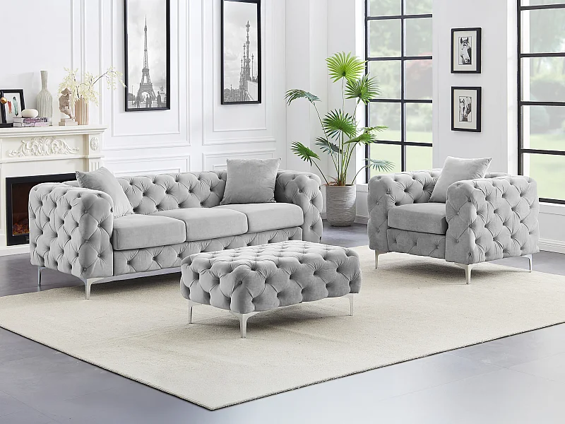 Chesterfield-Sofa 3-Sitzer, Chesterfield-Sessel & Chesterfield-Hocker - Samt - Hellgrau - EDWINA