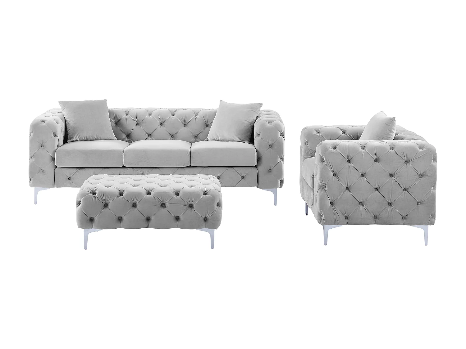 Sofá de 3 plazas, sillón y puf chéster de terciopelo gris claro EDWINA