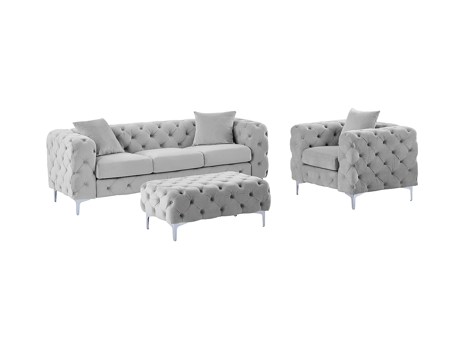 Canapé 3 places, fauteuil et pouf chesterfield en velours gris clair EDWINA