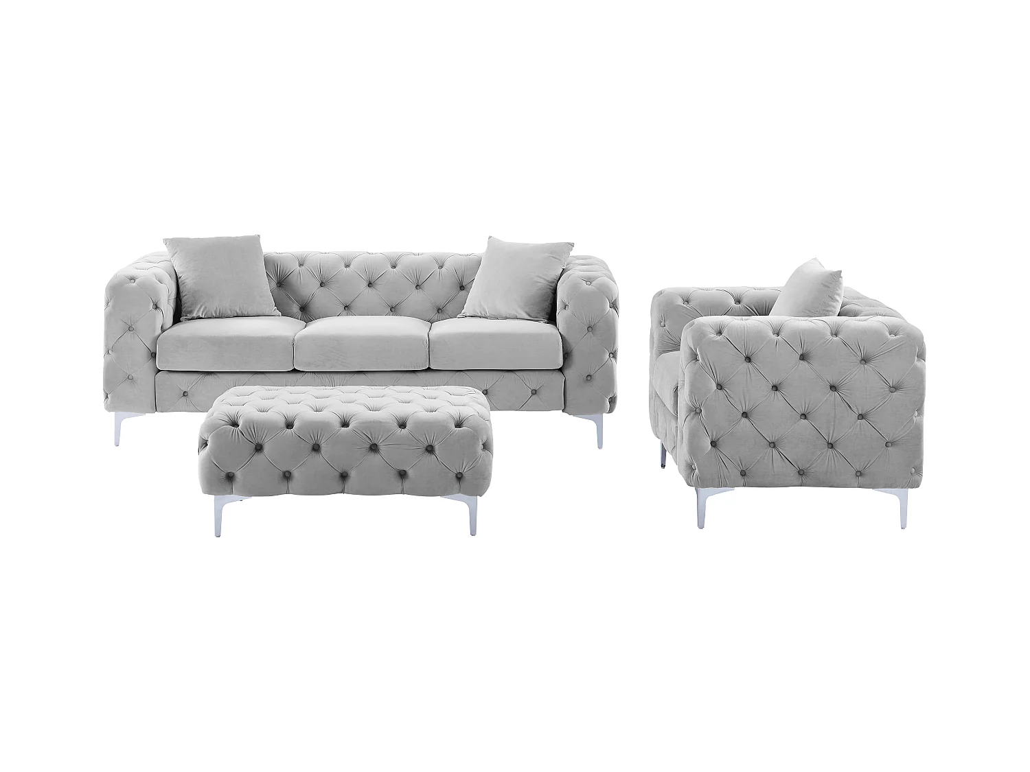 Canapé 3 places, fauteuil et pouf chesterfield en velours gris clair EDWINA