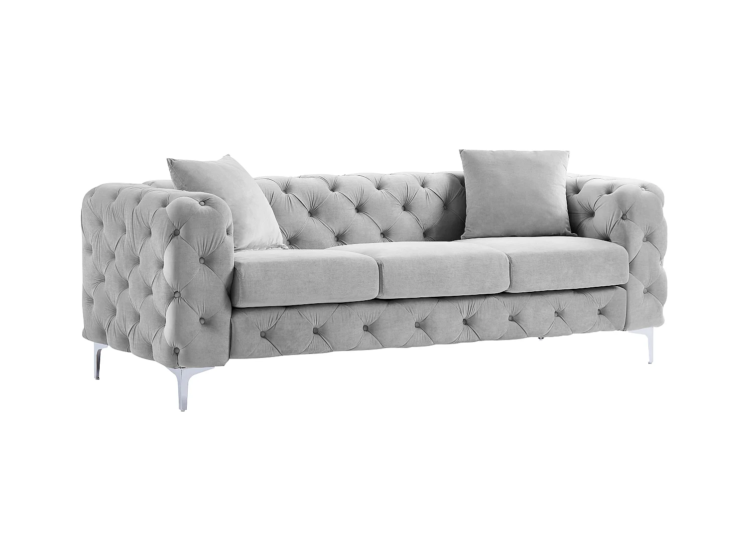 Canapé 3 places, fauteuil et pouf chesterfield en velours gris clair EDWINA