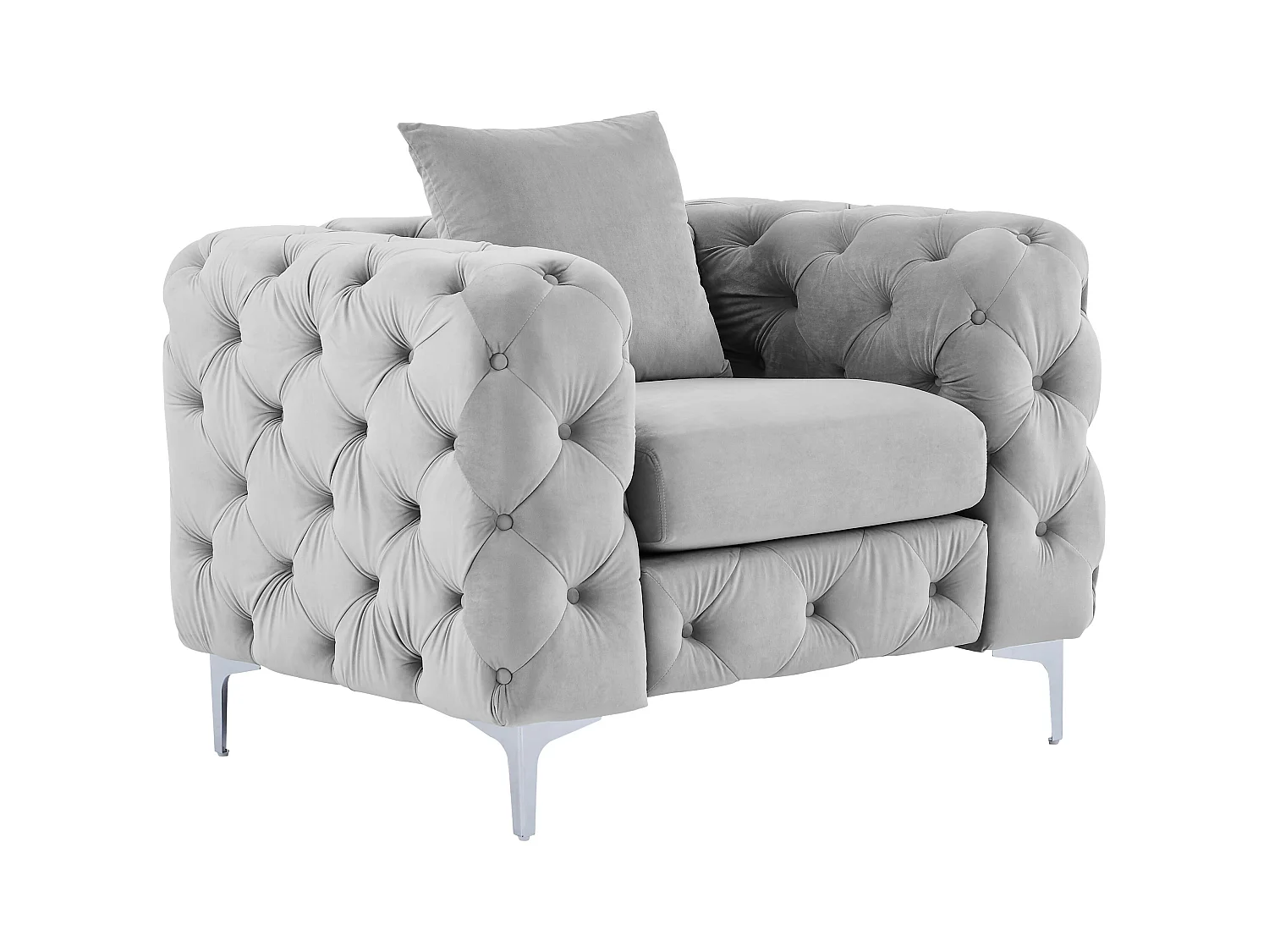 Canapé 3 places, fauteuil et pouf chesterfield en velours gris clair EDWINA