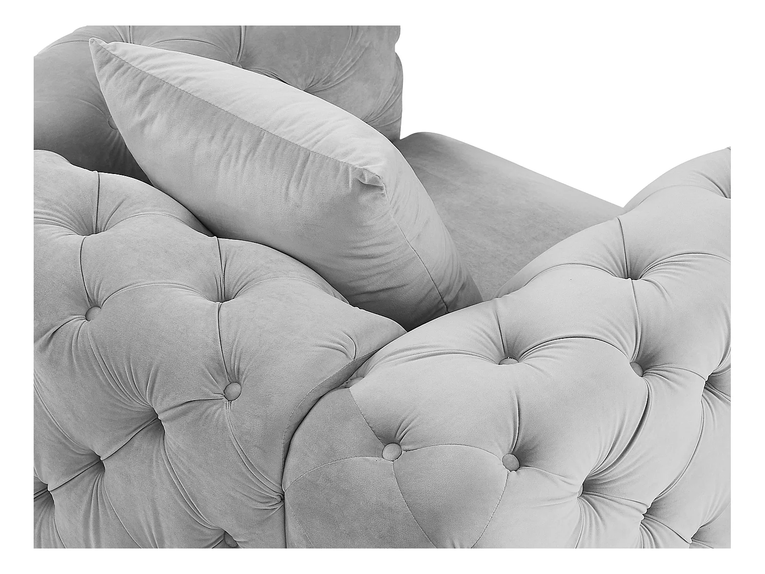 Canapé 3 places, fauteuil et pouf chesterfield en velours gris clair EDWINA