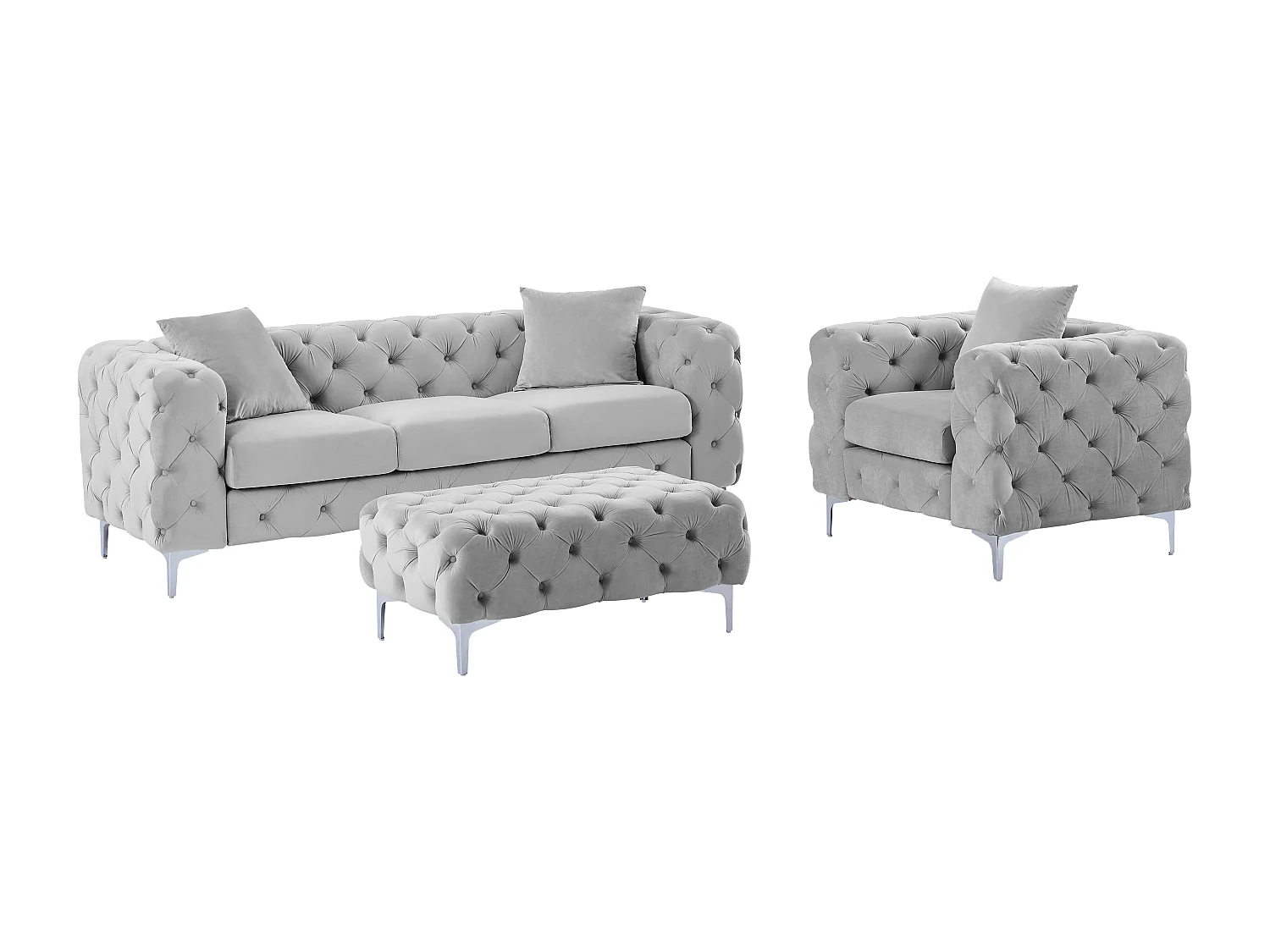 Canapé 3 places, fauteuil et pouf chesterfield en velours gris clair EDWINA
