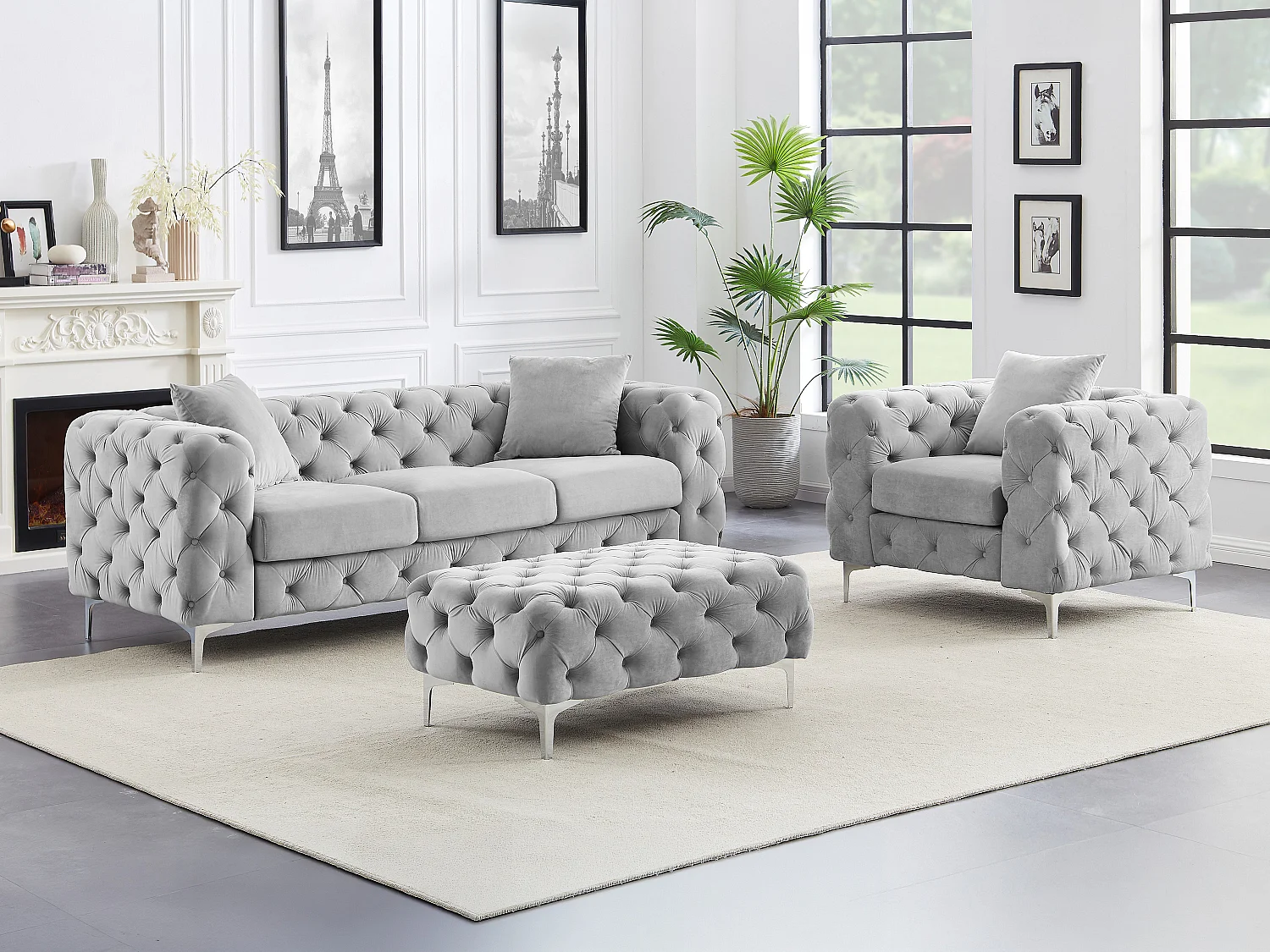Canapé 3 places, fauteuil et pouf chesterfield en velours gris clair EDWINA