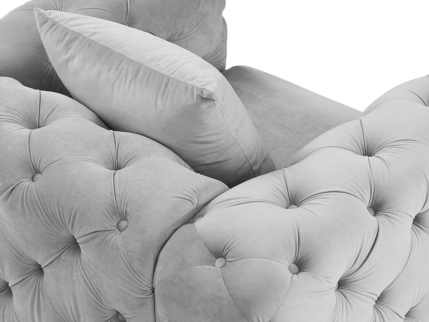 Canapé 3 places, fauteuil et pouf chesterfield en velours gris clair EDWINA