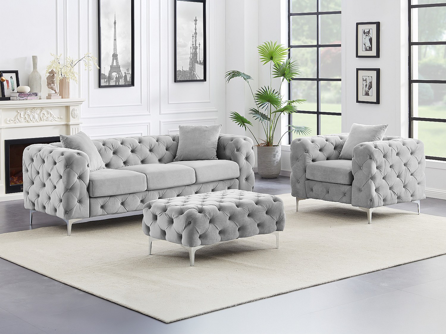 3-seters sofa med lenestol og fotskammel i lysegrå fløyel Chesterfield EDWINA
