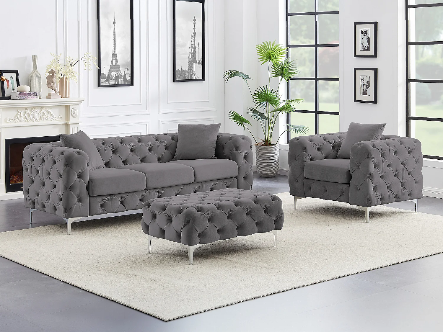 Canapé 3 places, fauteuil et pouf chesterfield en velours anthracite EDWINA