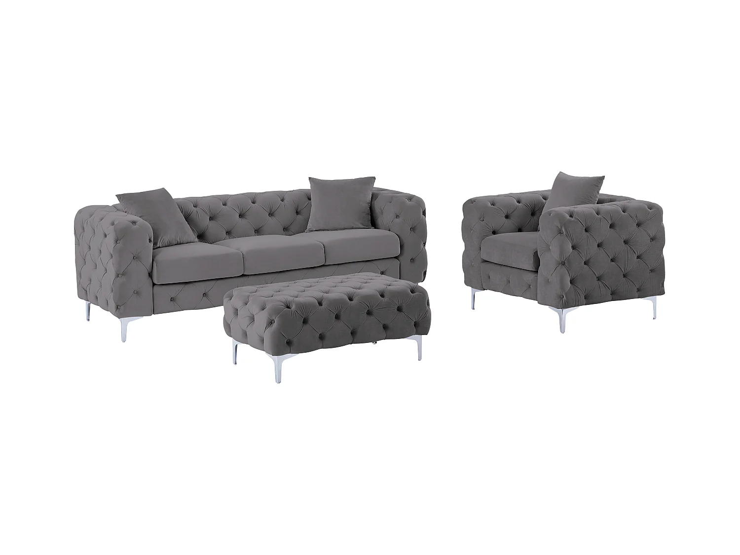 Canapé 3 places, fauteuil et pouf chesterfield en velours anthracite EDWINA
