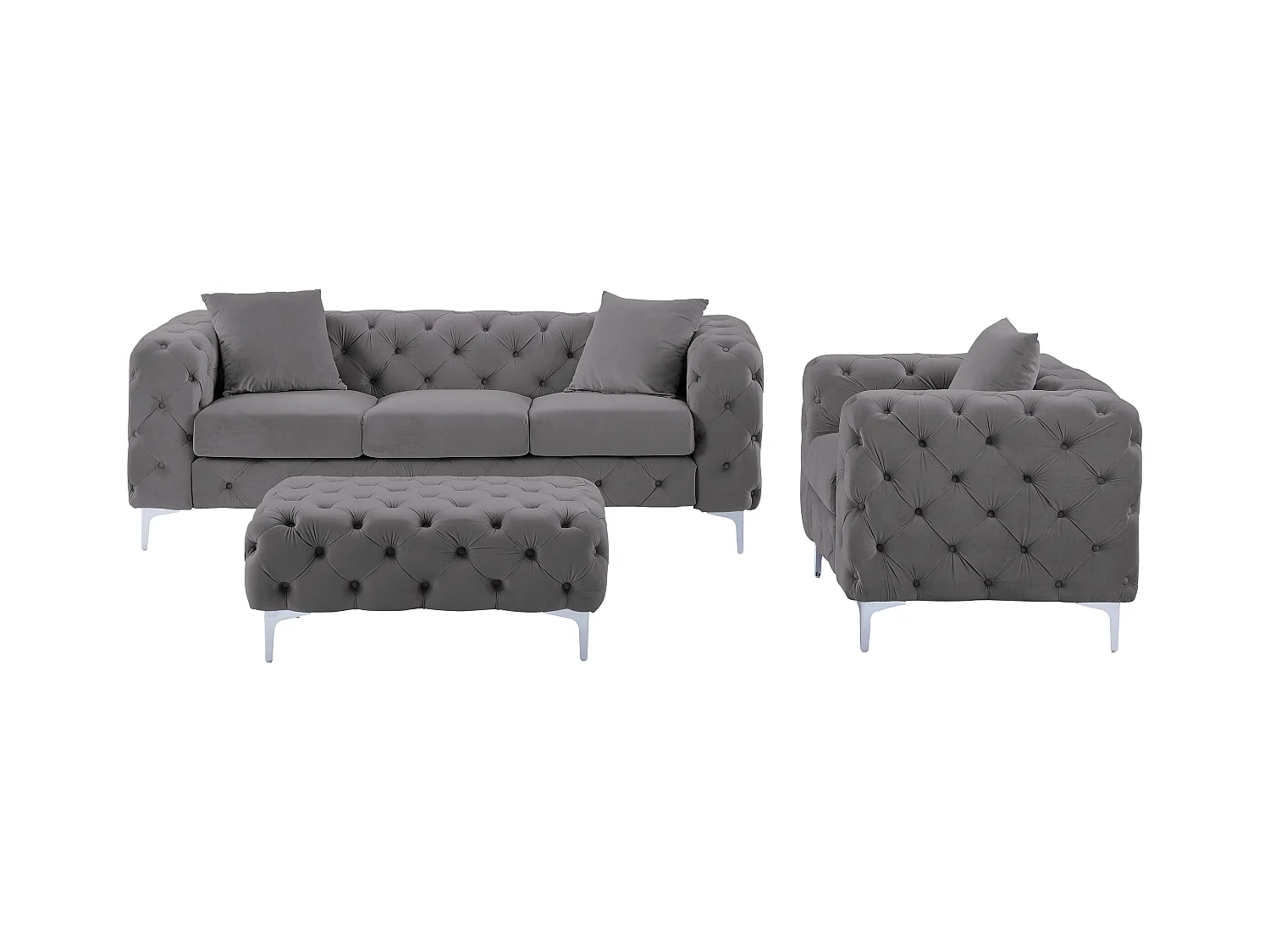 Canapé 3 places, fauteuil et pouf chesterfield en velours anthracite EDWINA