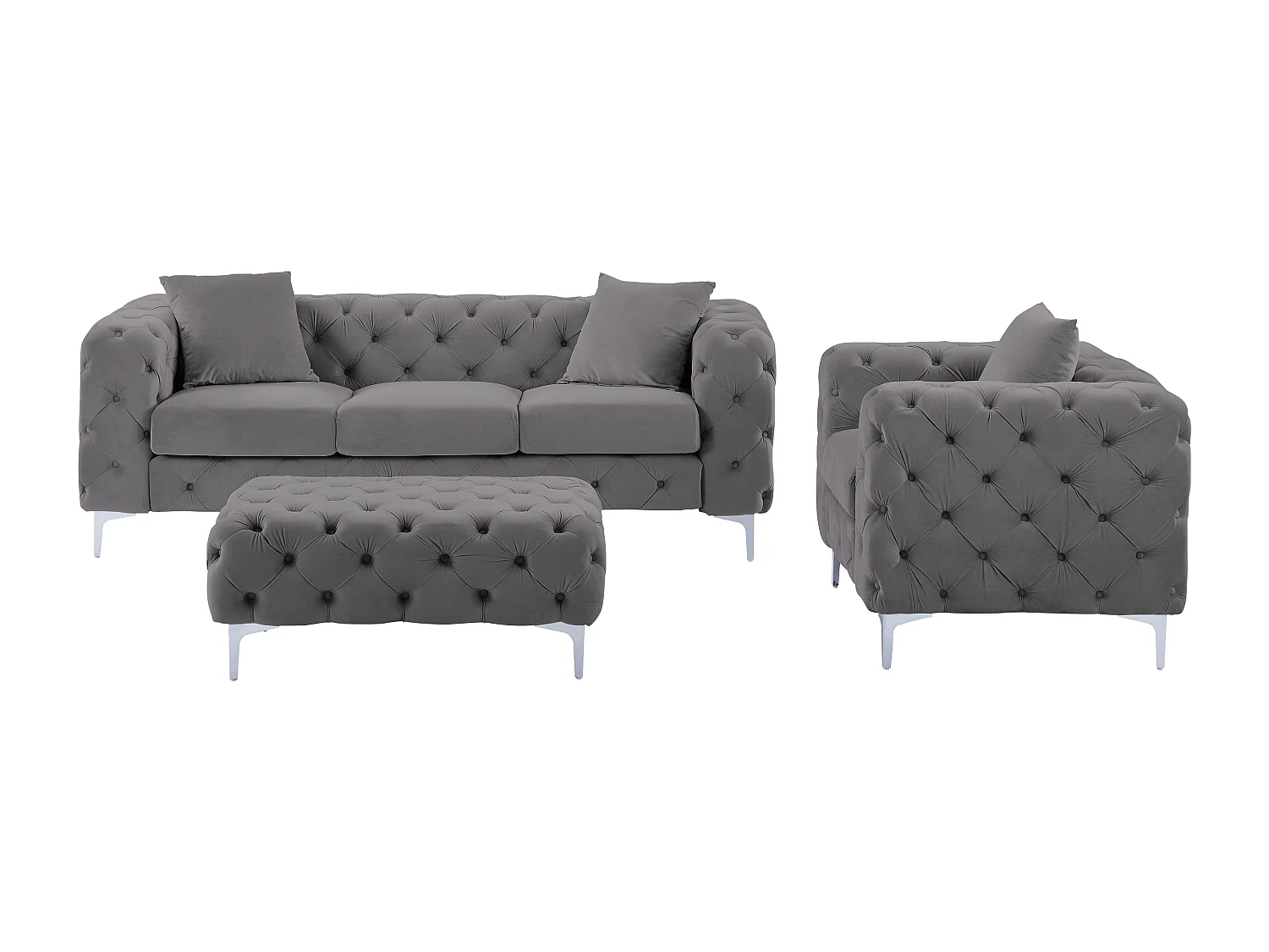 Canapé 3 places, fauteuil et pouf chesterfield en velours anthracite EDWINA