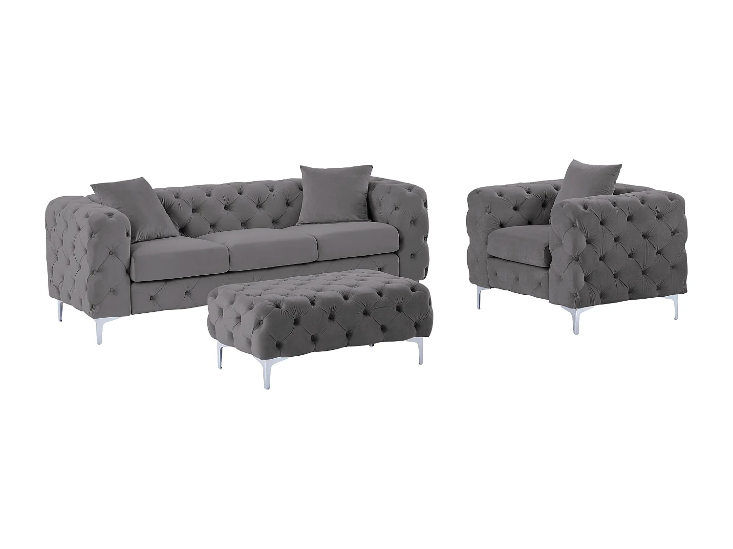 Canapé 3 places, fauteuil et pouf chesterfield en velours anthracite EDWINA