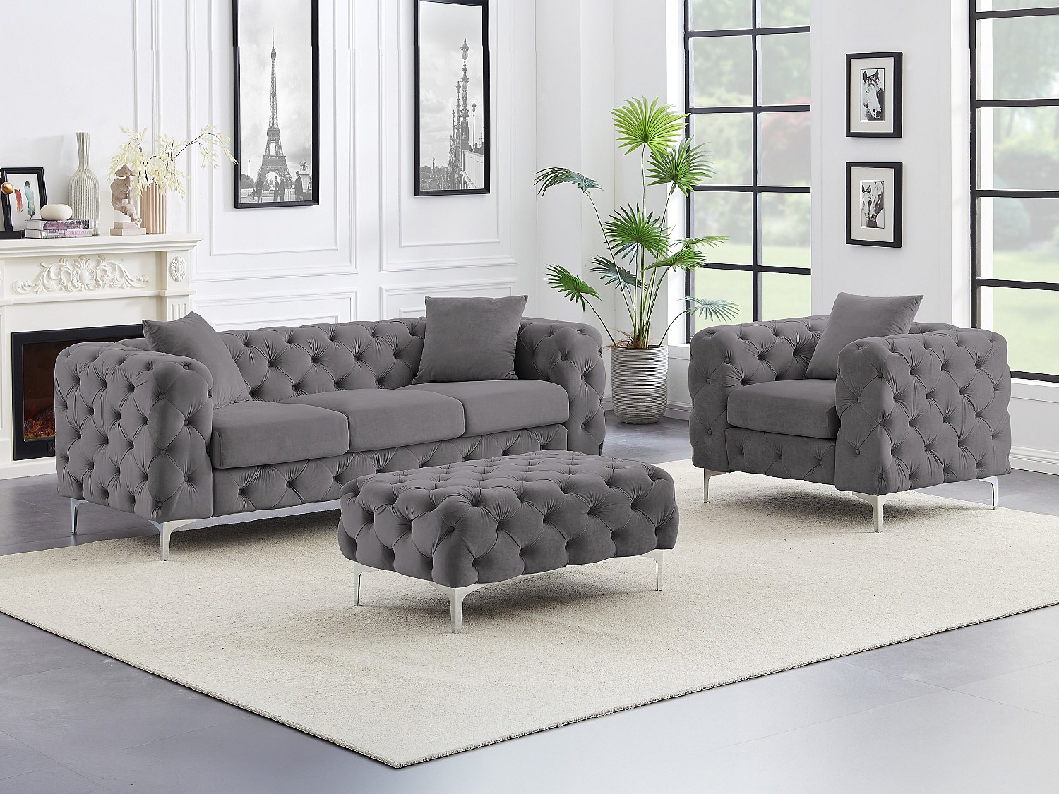 3-seters sofa, lenestol og chesterfield puff i antrasitt fløyel EDWINA