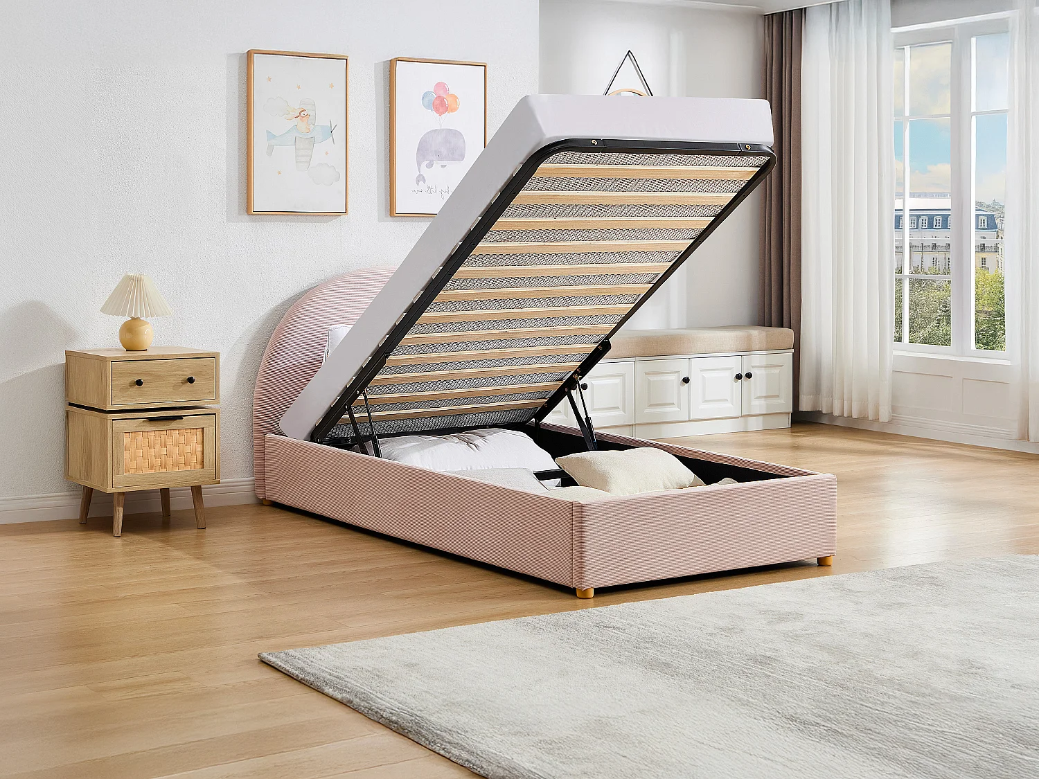 Letto con contenitore 90 x 190 cm Velluto a coste - Rosa - LIRIMO