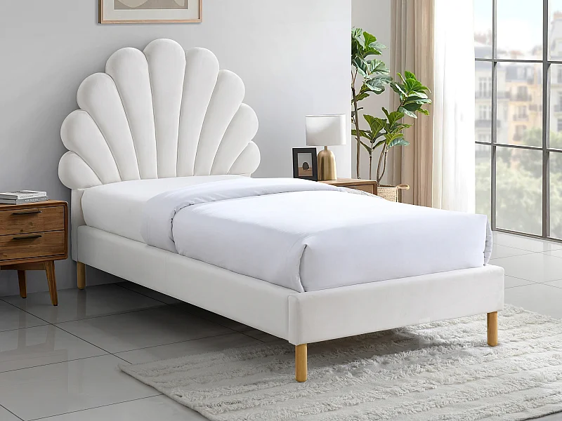 Lit coquillage 90 x 190 cm - Velours - Blanc - MOANA