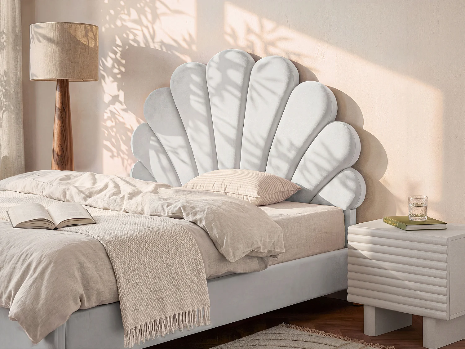 Tête de lit coquillage - 90 cm - Velours - Blanc - MOANA