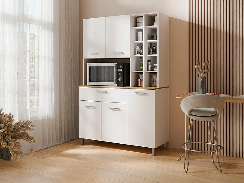 Credenza da cucina con 5 ante, 11 nicchie e 1 cassetto Bianco e Naturale chiaro - JACOBAYA