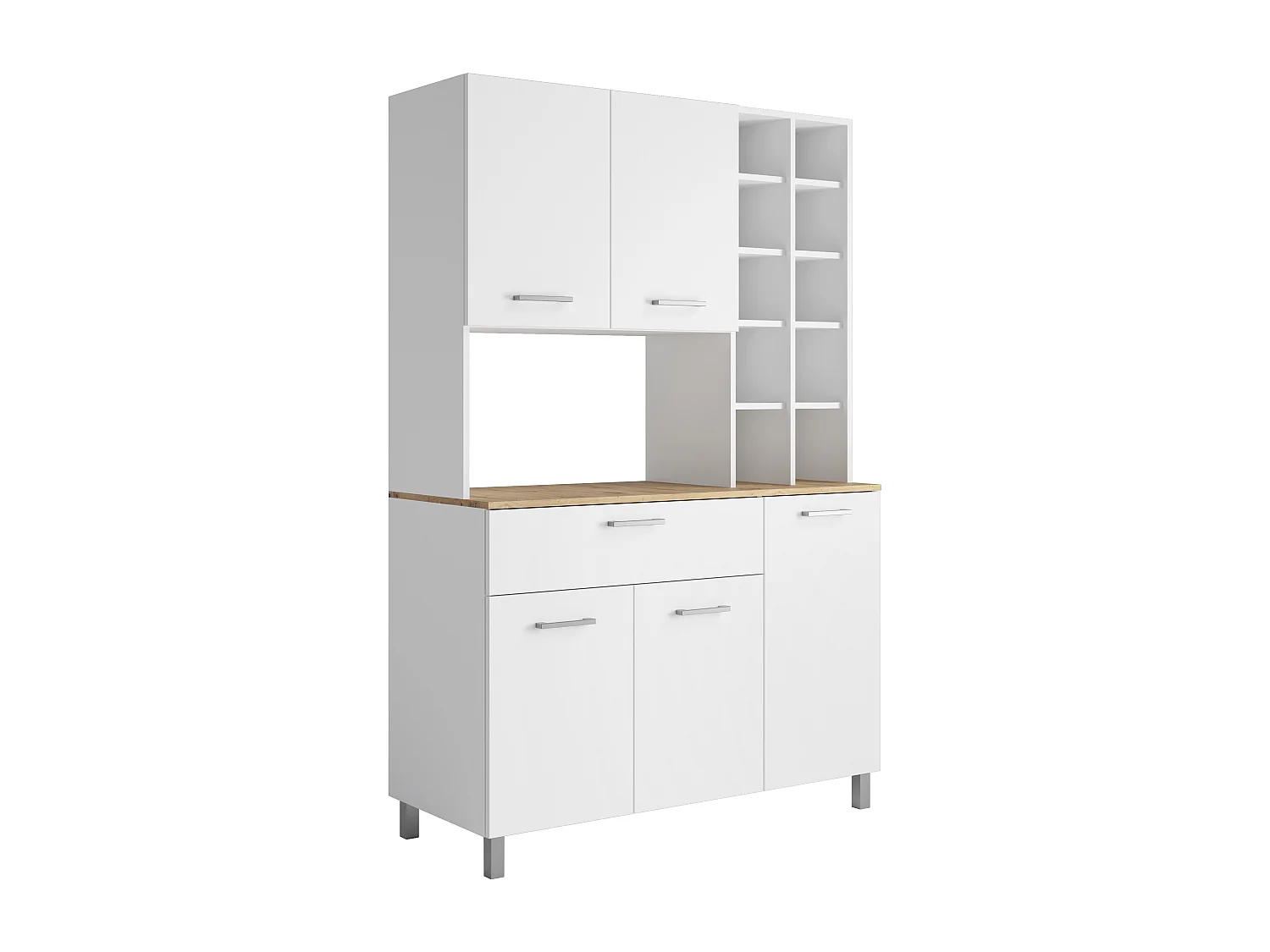 Buffet de cuisine avec 5 portes, 11 niches et 1 tiroir - Blanc et naturel clair - JACOBAYA