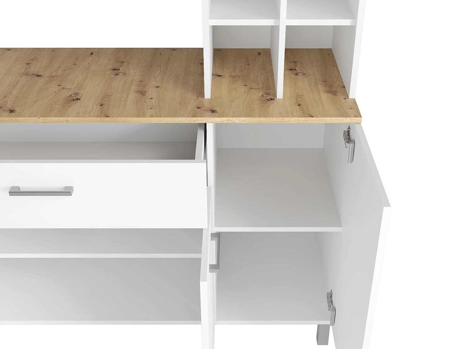 Buffet de cuisine avec 5 portes, 11 niches et 1 tiroir - Blanc et naturel clair - JACOBAYA