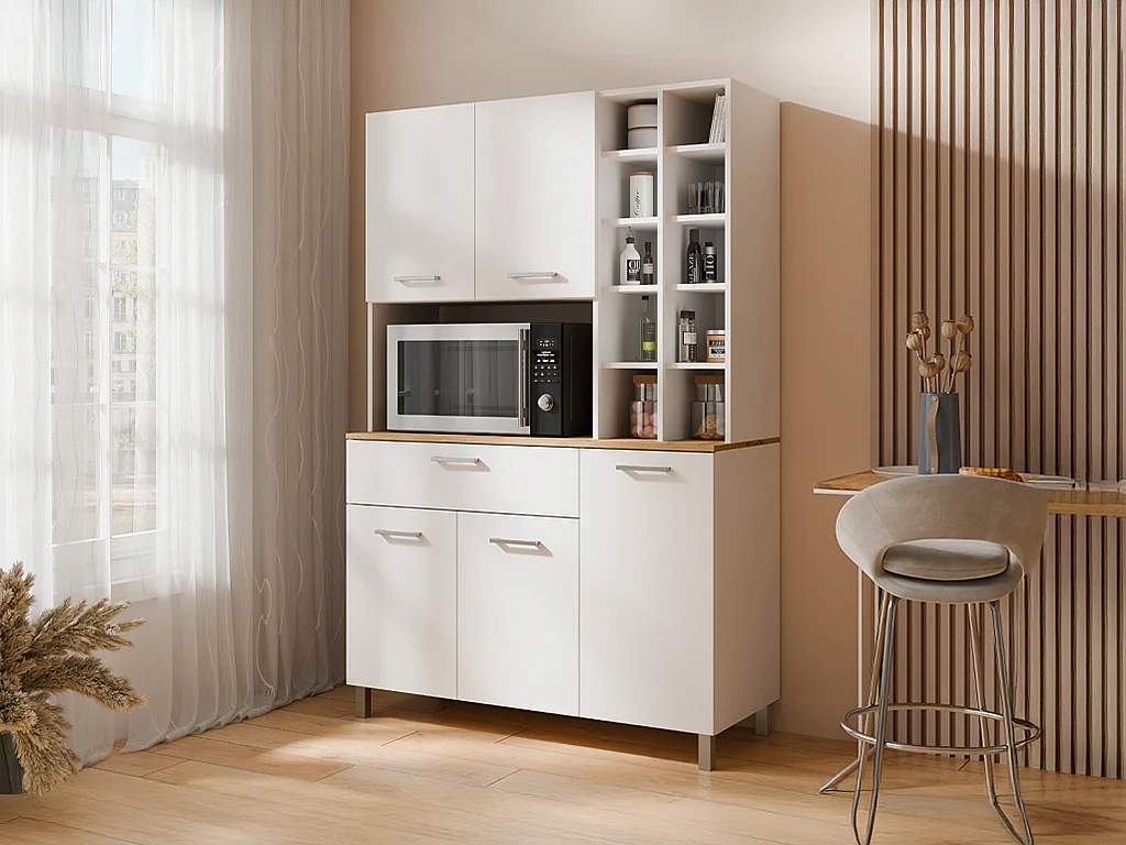 Buffet de cuisine avec 5 portes, 11 niches et 1 tiroir - Blanc et naturel clair - JACOBAYA