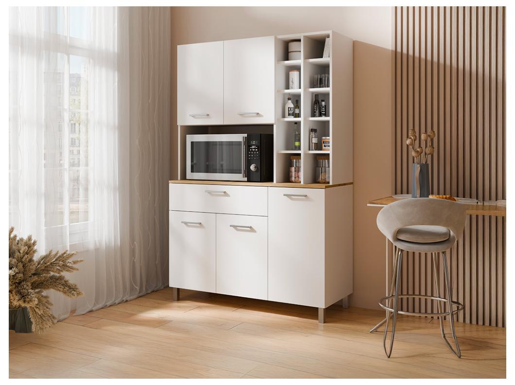 Aparador de cocina con 5 puertas, 11 estantes y 1 cajón - Blanco y natural claro - JACOBAYA